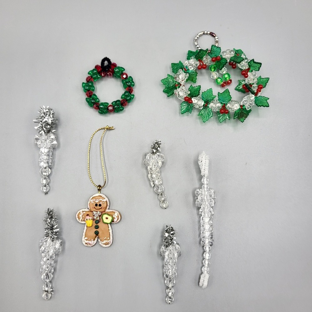Vintage 8 pc Christmas Ornaments Beaded Icicle Holiday Decor Wreath Gingerbread